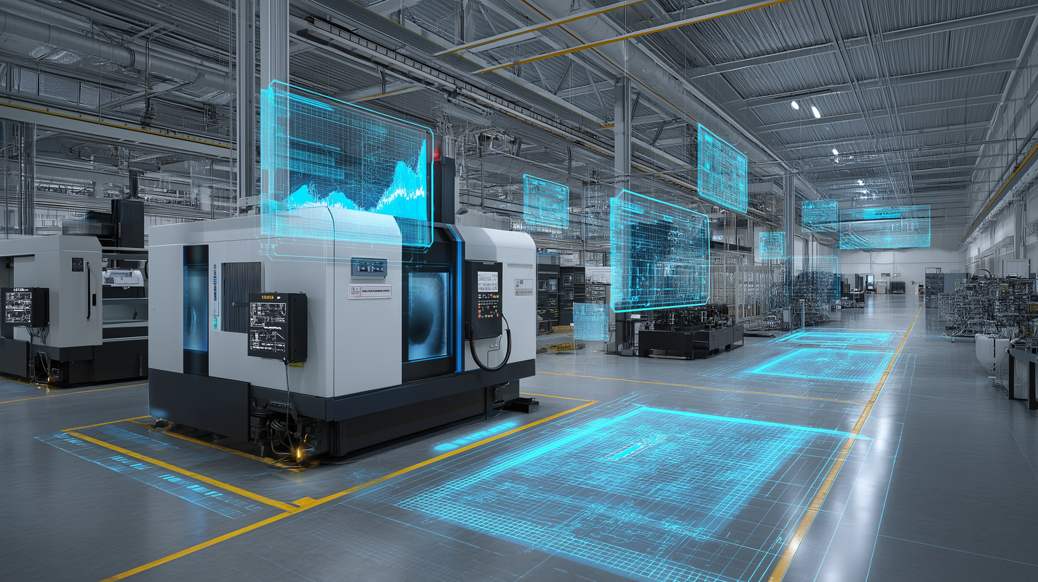 CNC machines with digital coolant-usage graphs floating above, symbolizing smart data optimization.