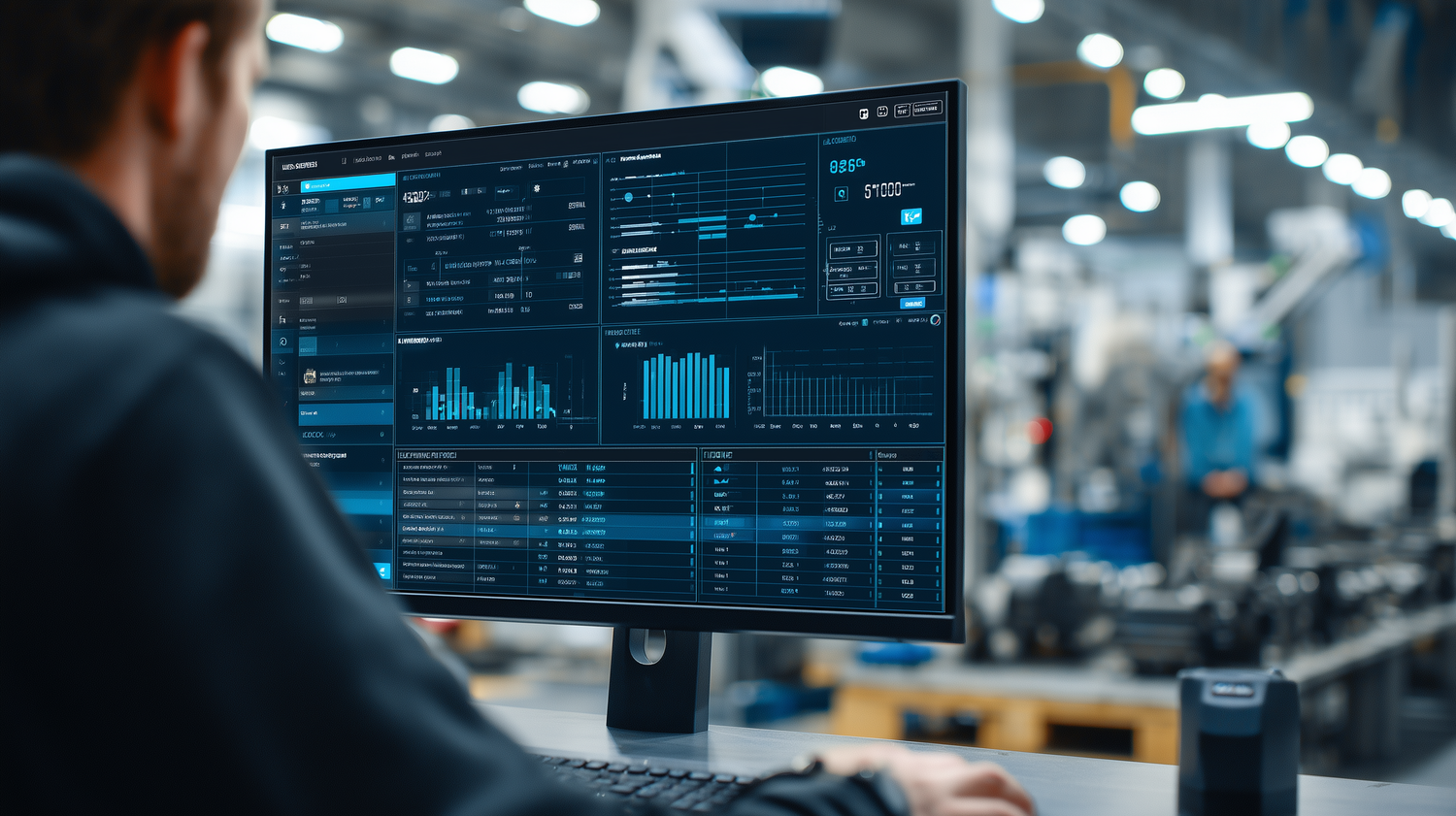 Buyer viewing an instant coolant quote dashboard in a machine shop office.