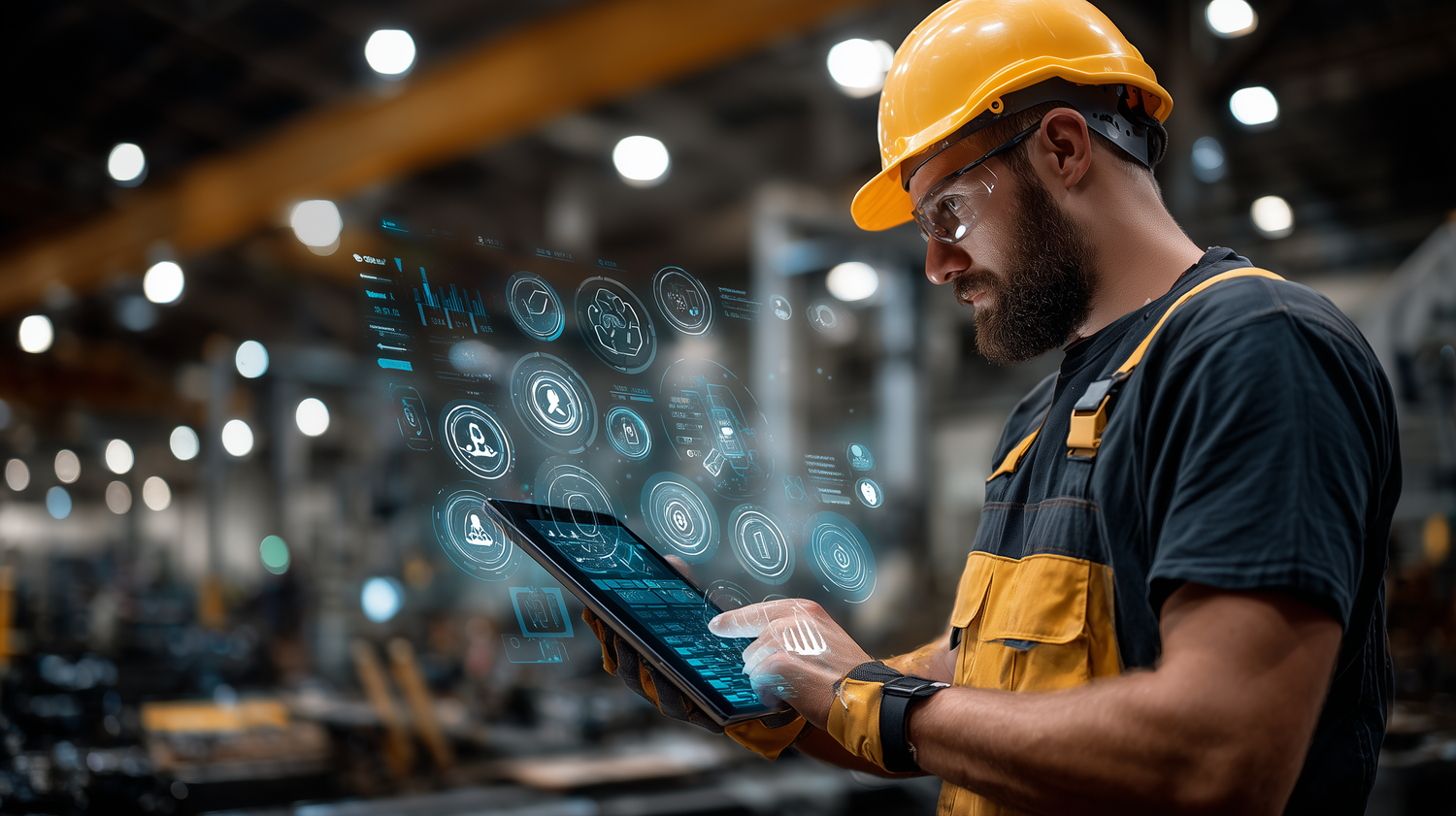 Tablet screen showing searchable SDS portal with machinist in PPE behind it.