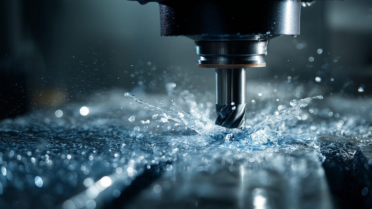 Coolant streaming around a CNC end mill under crisp lighting, symbolizing long-life performance.